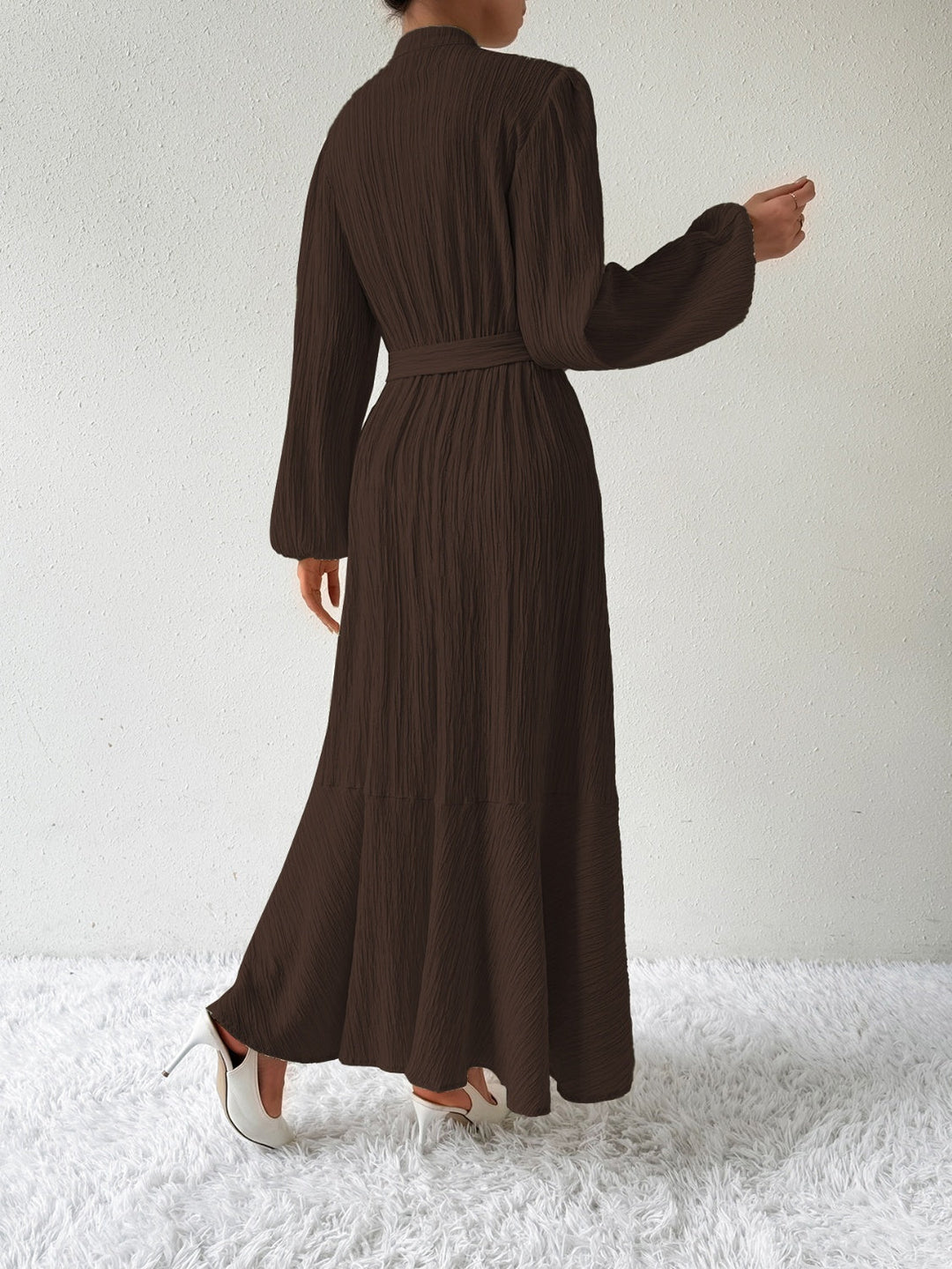 Women's Long-Sleeve Buttoned Maxi Dress with Waist Tie