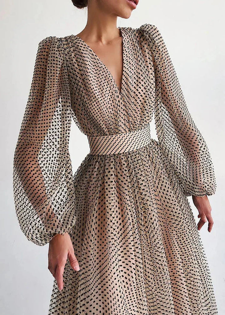 Women's Long Sleeve Polka Dot V-Neck Midi Dress