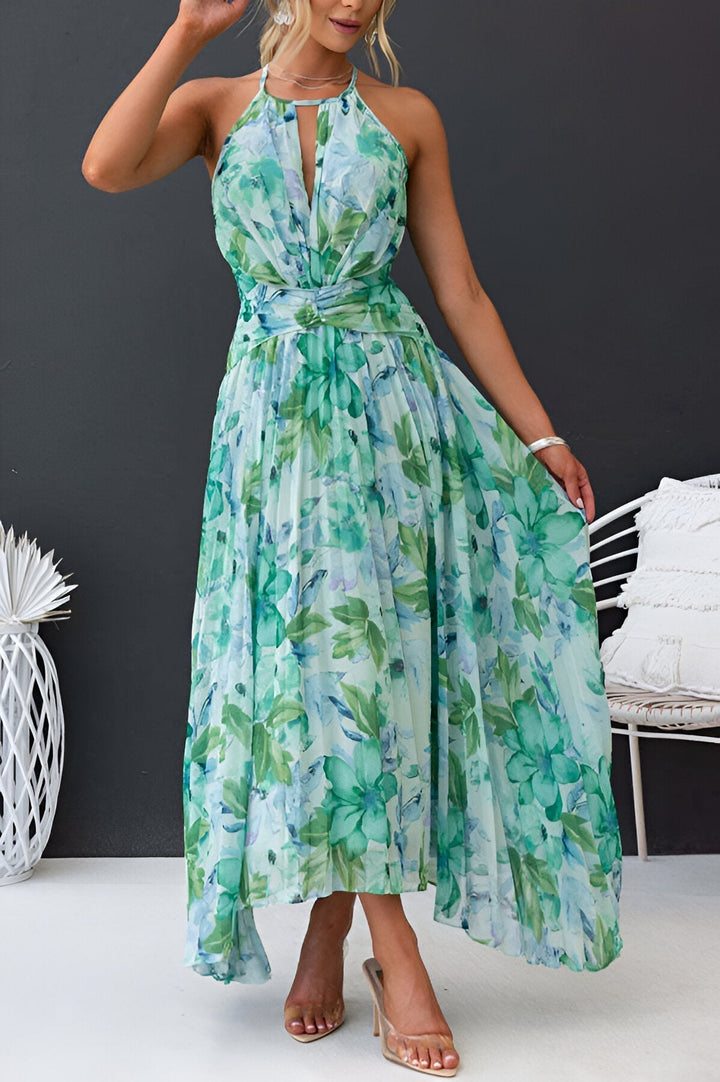 Women's Halter Maxi Dress with Pleated Waist and Watercolor Floral Print