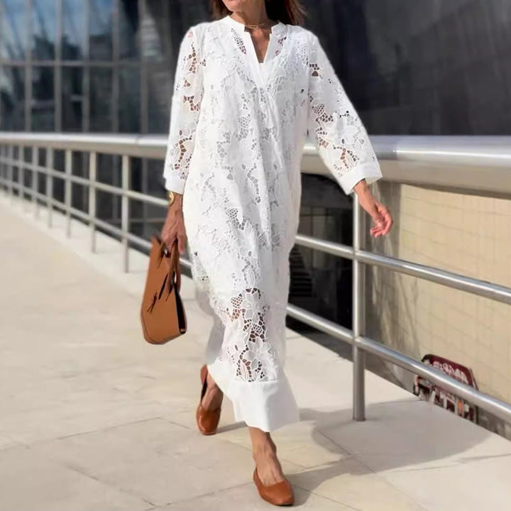 Women's Elegant Lace Maxi Dress with Sheer Floral Overlay