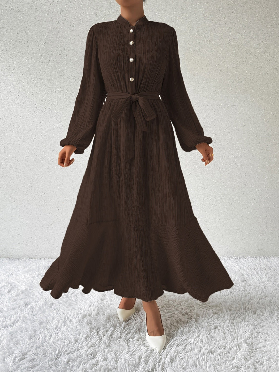 Women's Long-Sleeve Buttoned Maxi Dress with Waist Tie