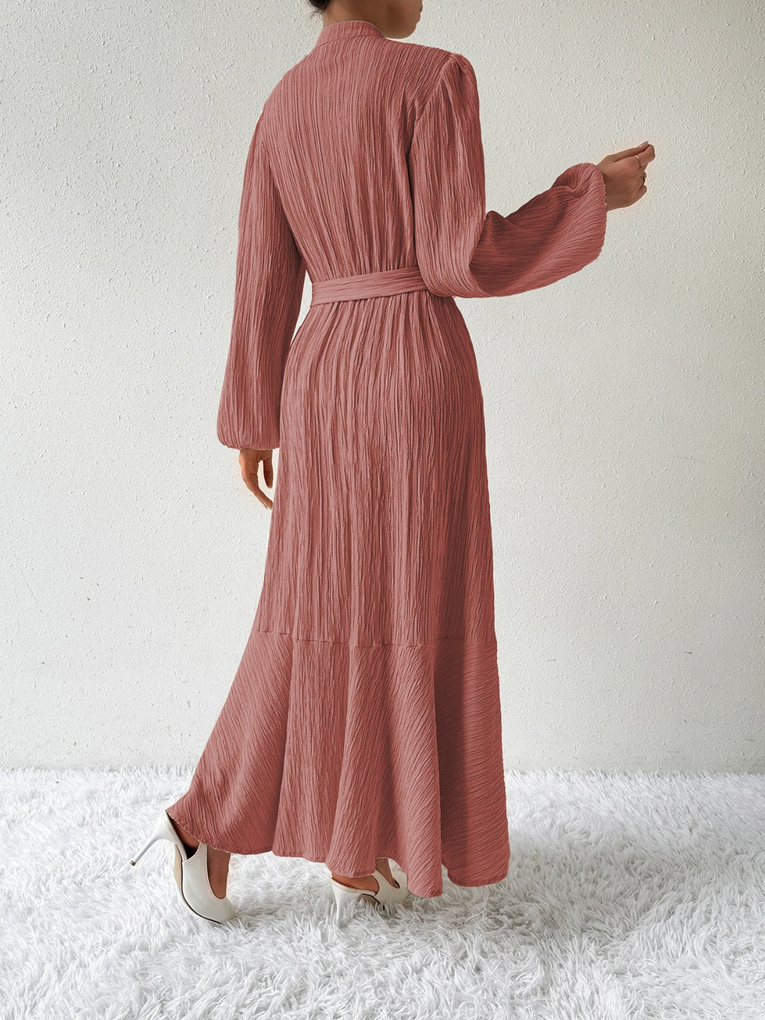 Women's Long-Sleeve Buttoned Maxi Dress with Waist Tie