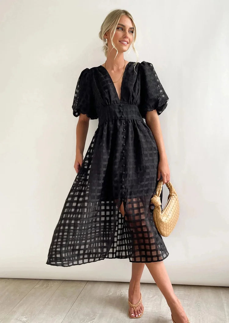 Women's Midi Dress with Puff Sleeves and Grid Pattern