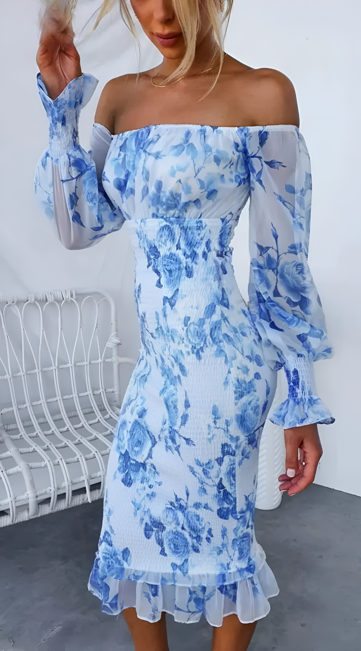 Women's Off-Shoulder Floral Dress with Smocked Waist and Flowing Sleeves