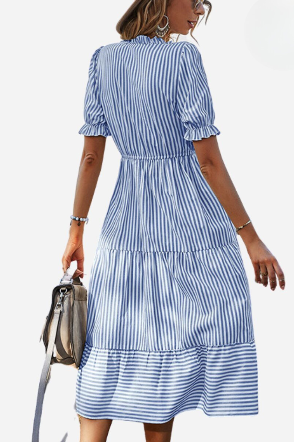 Women's Striped Midi Dress with Puff Sleeves and V-Neck Front