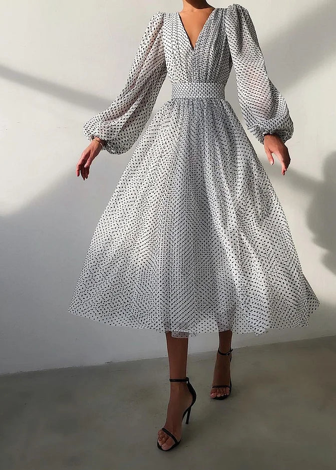 Women's Long Sleeve Polka Dot V-Neck Midi Dress
