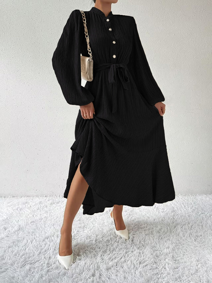 Women's Long-Sleeve Buttoned Maxi Dress with Waist Tie