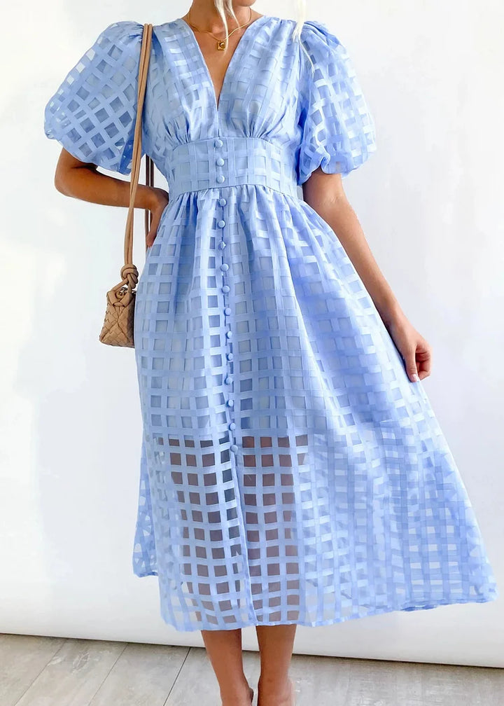 Women's Midi Dress with Puff Sleeves and Grid Pattern