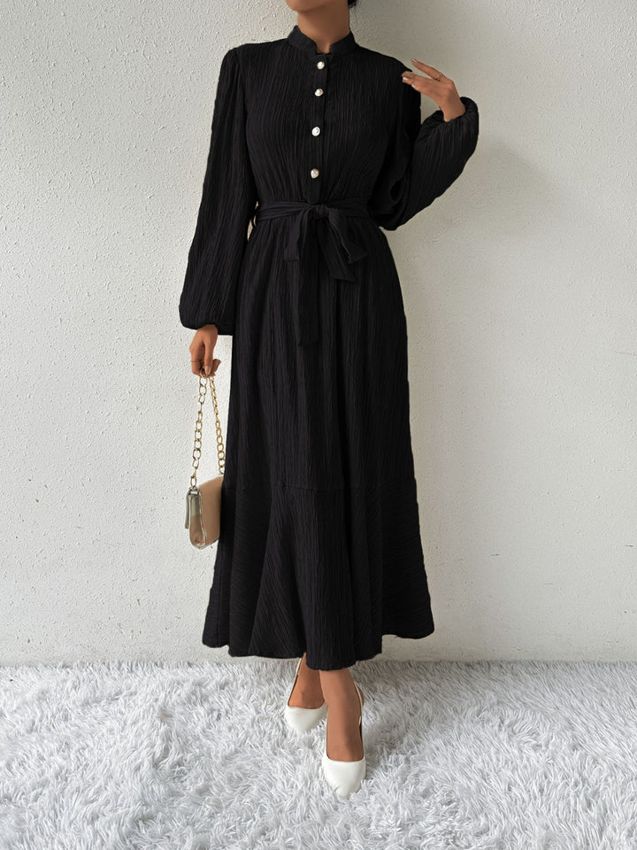 Women's Long-Sleeve Buttoned Maxi Dress with Waist Tie