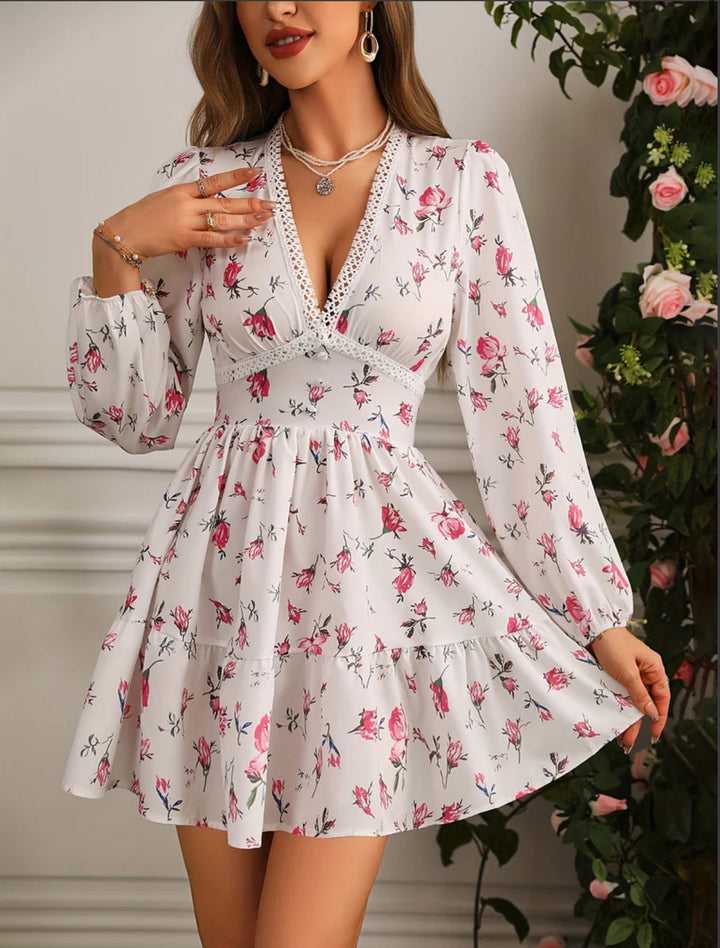 Women's V-Neck Floral Mini Dress with Long Sleeves and Ruffle Skirt