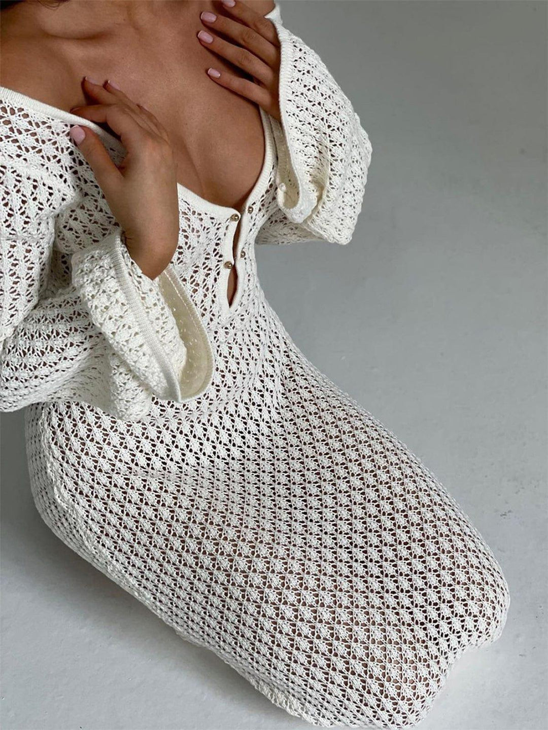 Women's Crochet Knit Maxi Dress with Bell Sleeves