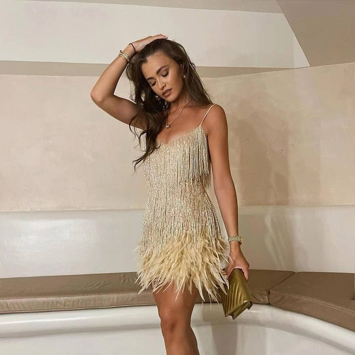 Women's Strappy Fringe Mini Dress with Feather Hem