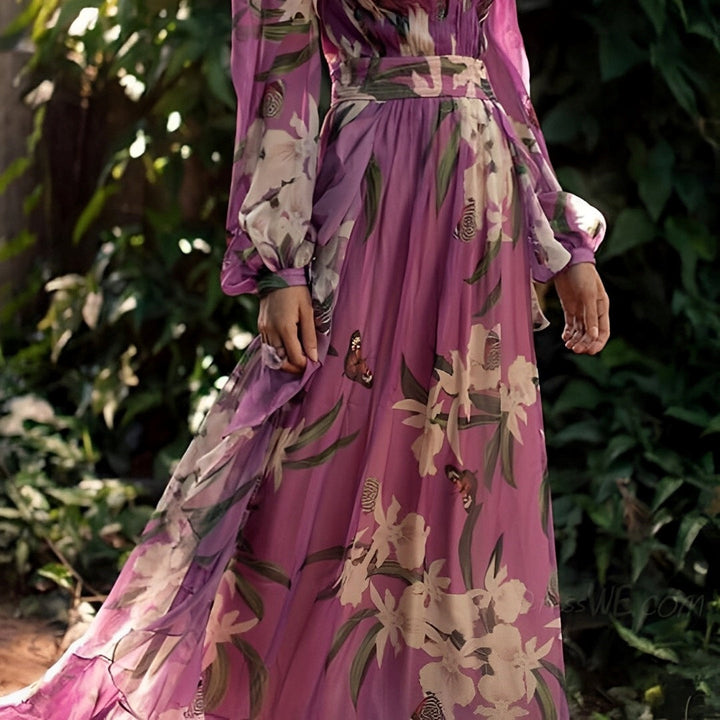 Women's Long Sleeve Chiffon Maxi Dress with Floral Print and V-Neck