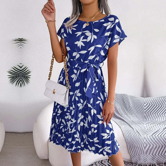 Women's Short-Sleeve Pleated Midi Dress with Waist Tie