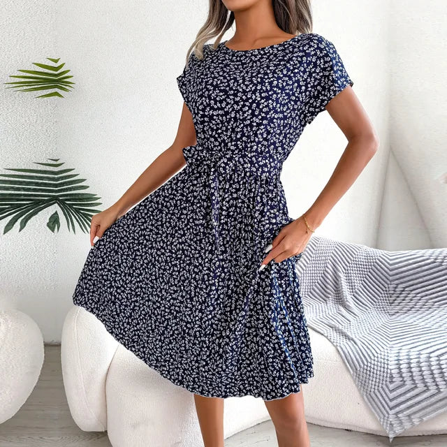 Women's Short-Sleeve Pleated Midi Dress with Waist Tie