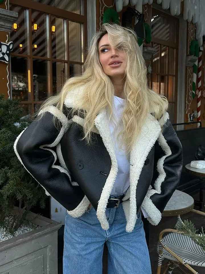 Women's Short Oversized Winter Jacket with Contrast Trim Design
