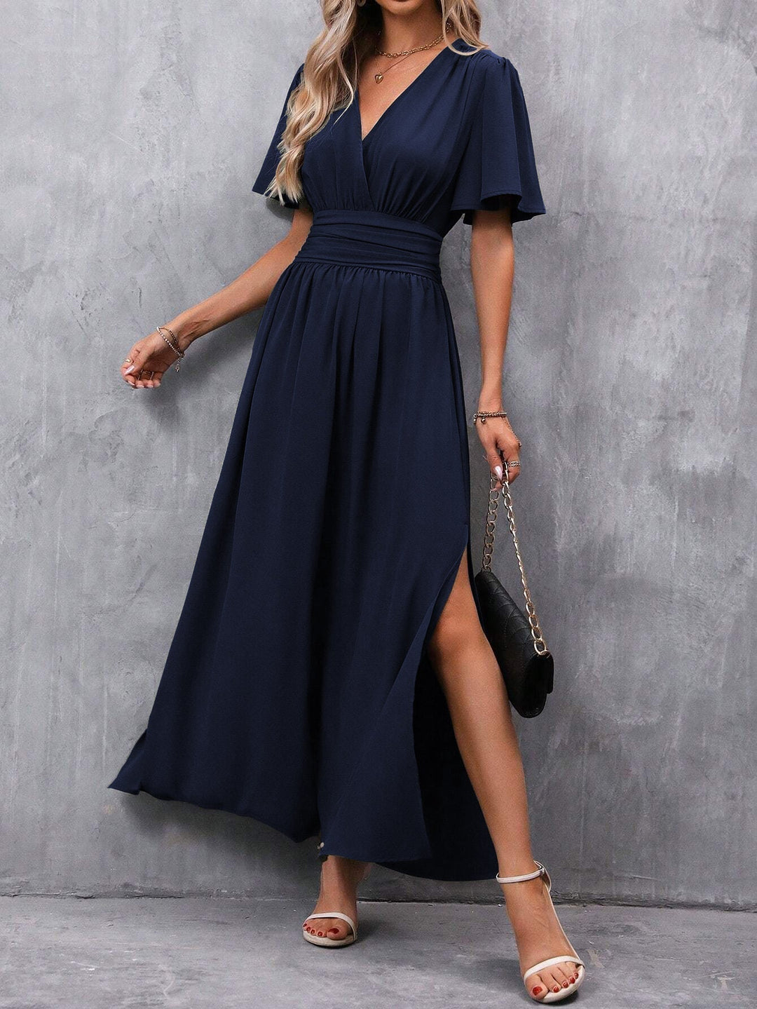 Women's Short-Sleeve Maxi Dress with V-Neck and Side Slit Design