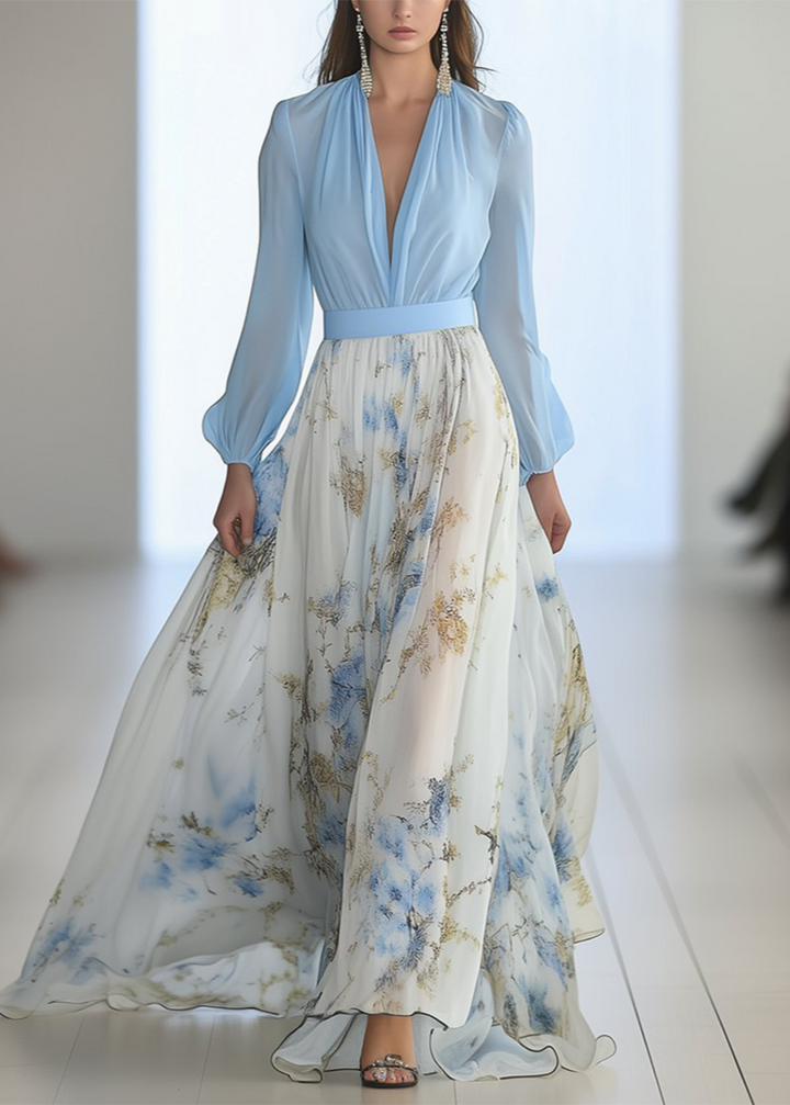 Women's Elegant V-Neck Maxi Dress with Long Sleeves and Floral Skirt