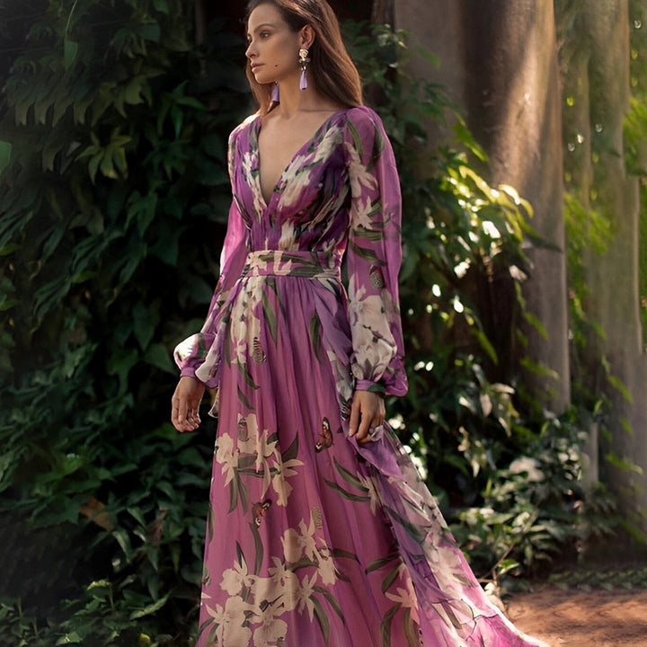 Women's Long Sleeve Chiffon Maxi Dress with Floral Print and V-Neck