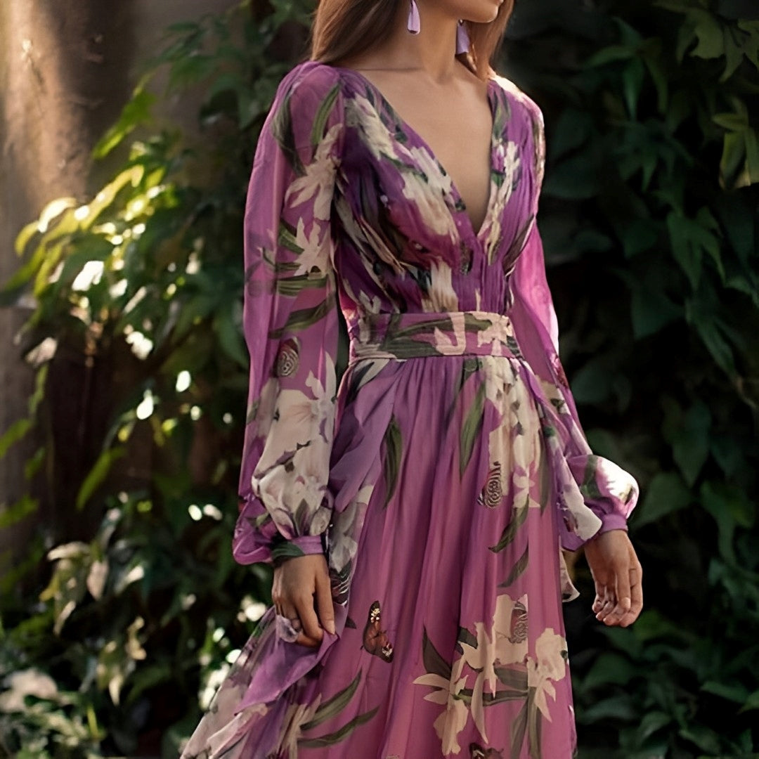 Women's Long Sleeve Chiffon Maxi Dress with Floral Print and V-Neck