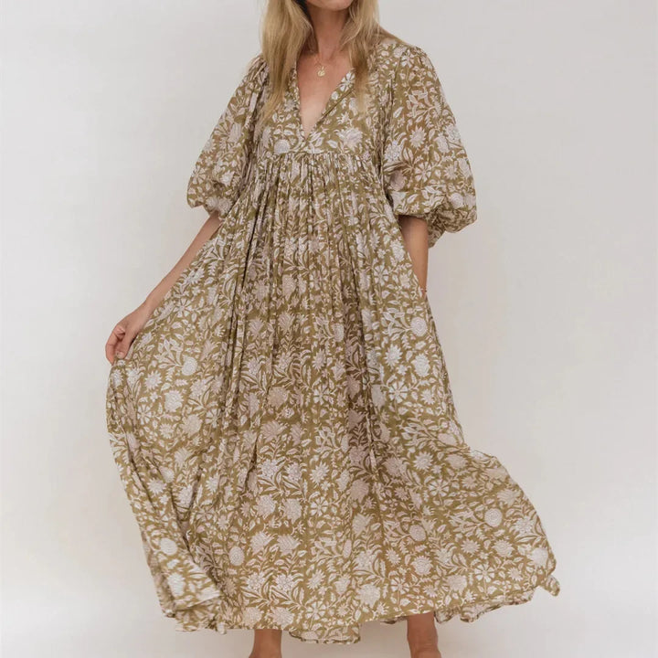 Women's Floral Maxi Dress with V Neck 3/4 Loose Lantern Sleeves