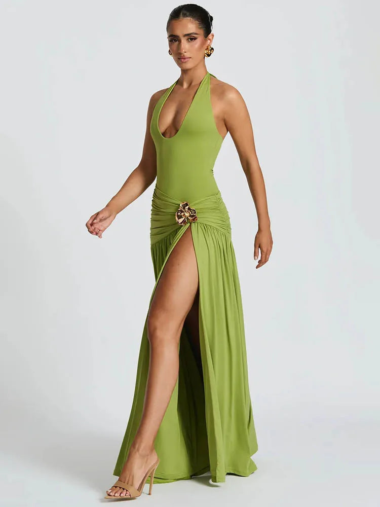Women's Halter Maxi Dress Set with High Slit and Ruched Waist
