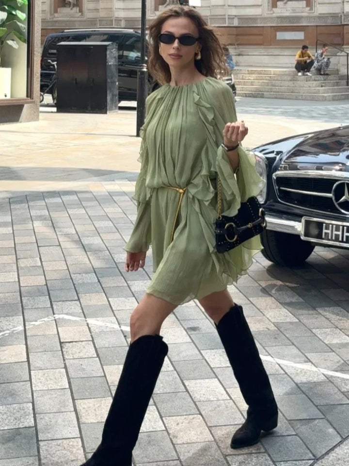 Women's High-Neck Ruffle Mini Dress with Long Flowy Sleeves