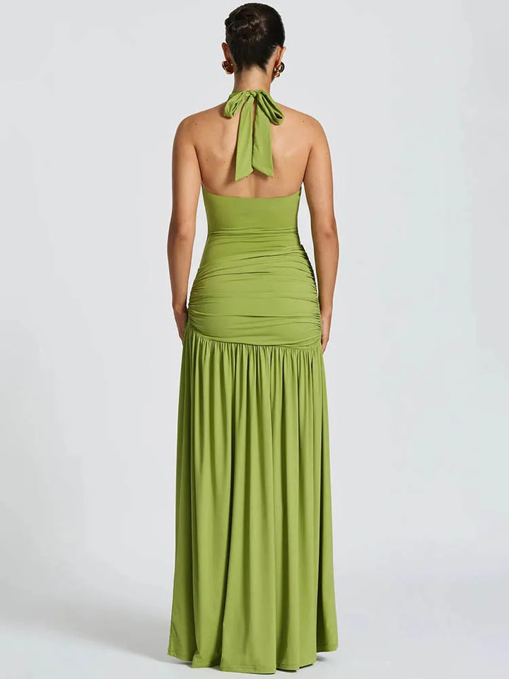 Women's Halter Maxi Dress Set with High Slit and Ruched Waist