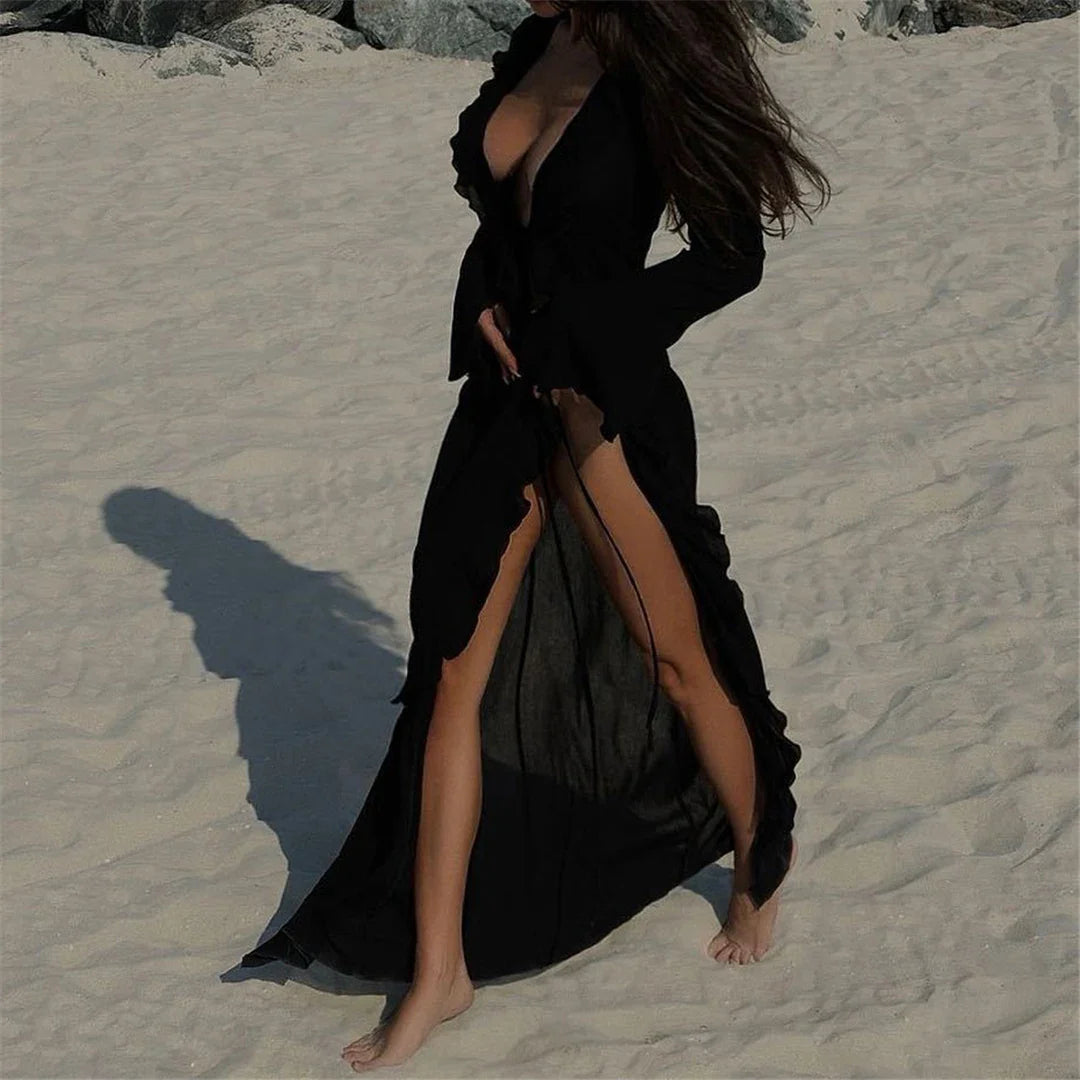 Women's Ruffled Long Sleeve V-Neck Beach Cover Up Maxi Dress