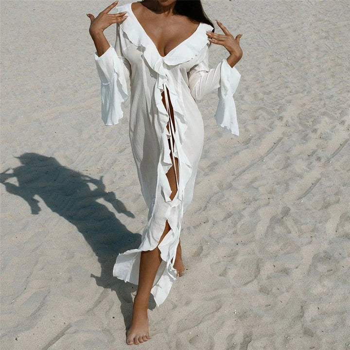 Women's Ruffled Long Sleeve V-Neck Beach Cover Up Maxi Dress