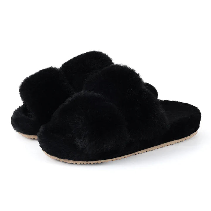 Women's Open Toe Plush Slippers with Adjustable Strap and Soft Sole
