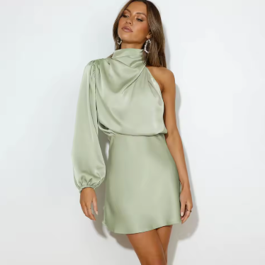 Women's One Shoulder Mini Dress with Long Sleeve and Draped Neck