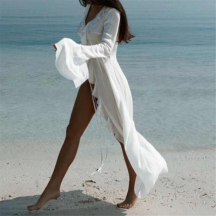 Women's Ruffled Long Sleeve V-Neck Beach Cover Up Maxi Dress