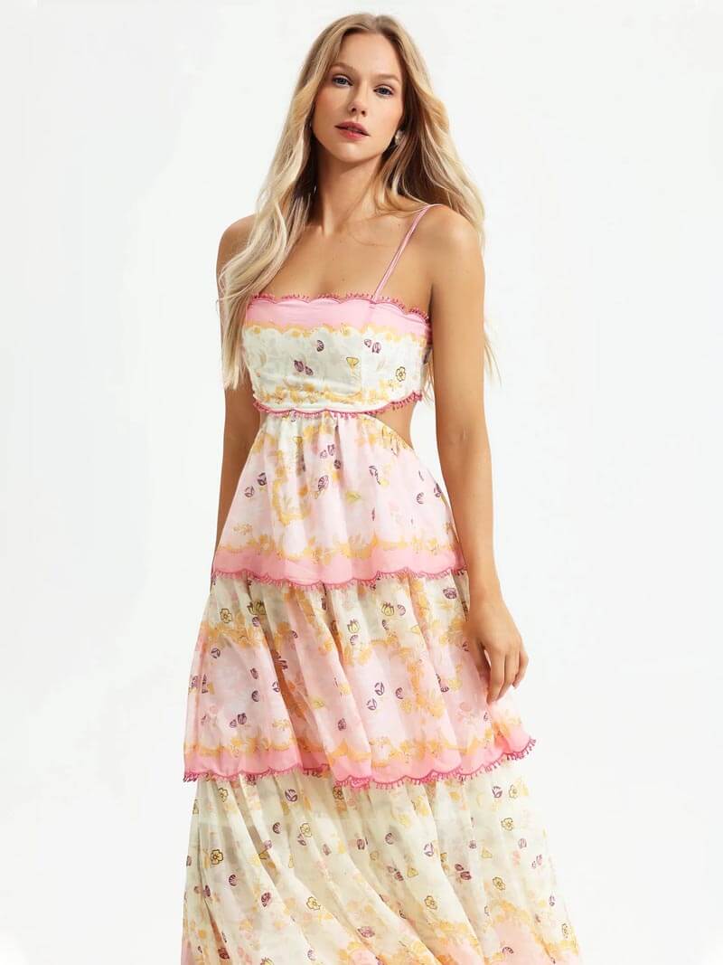 Women's Tiered Maxi Dress with Spaghetti Straps and Floral Print