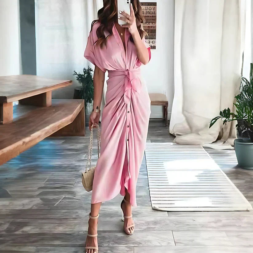 Women's Ruched Shirt Maxi Dress with Tie Waist and Button Front