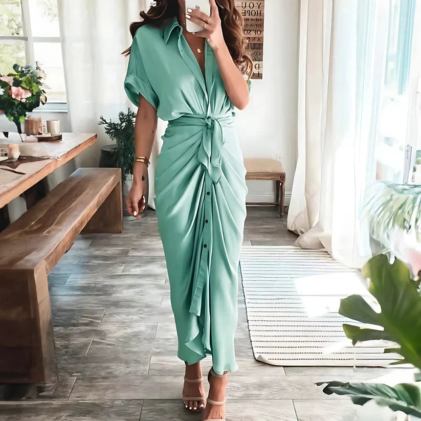 Women's Ruched Shirt Maxi Dress with Tie Waist and Button Front