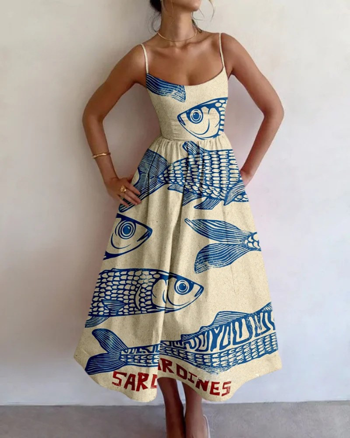 Women's Sleeveless Maxi Dress with Abstract Fish Print