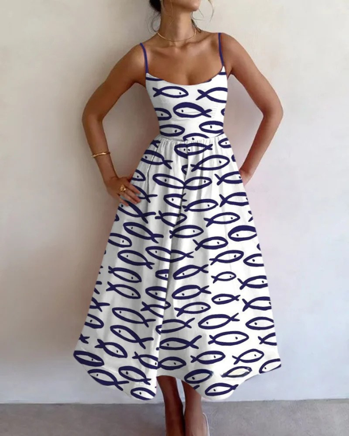 Women's Sleeveless Maxi Dress with Abstract Fish Print