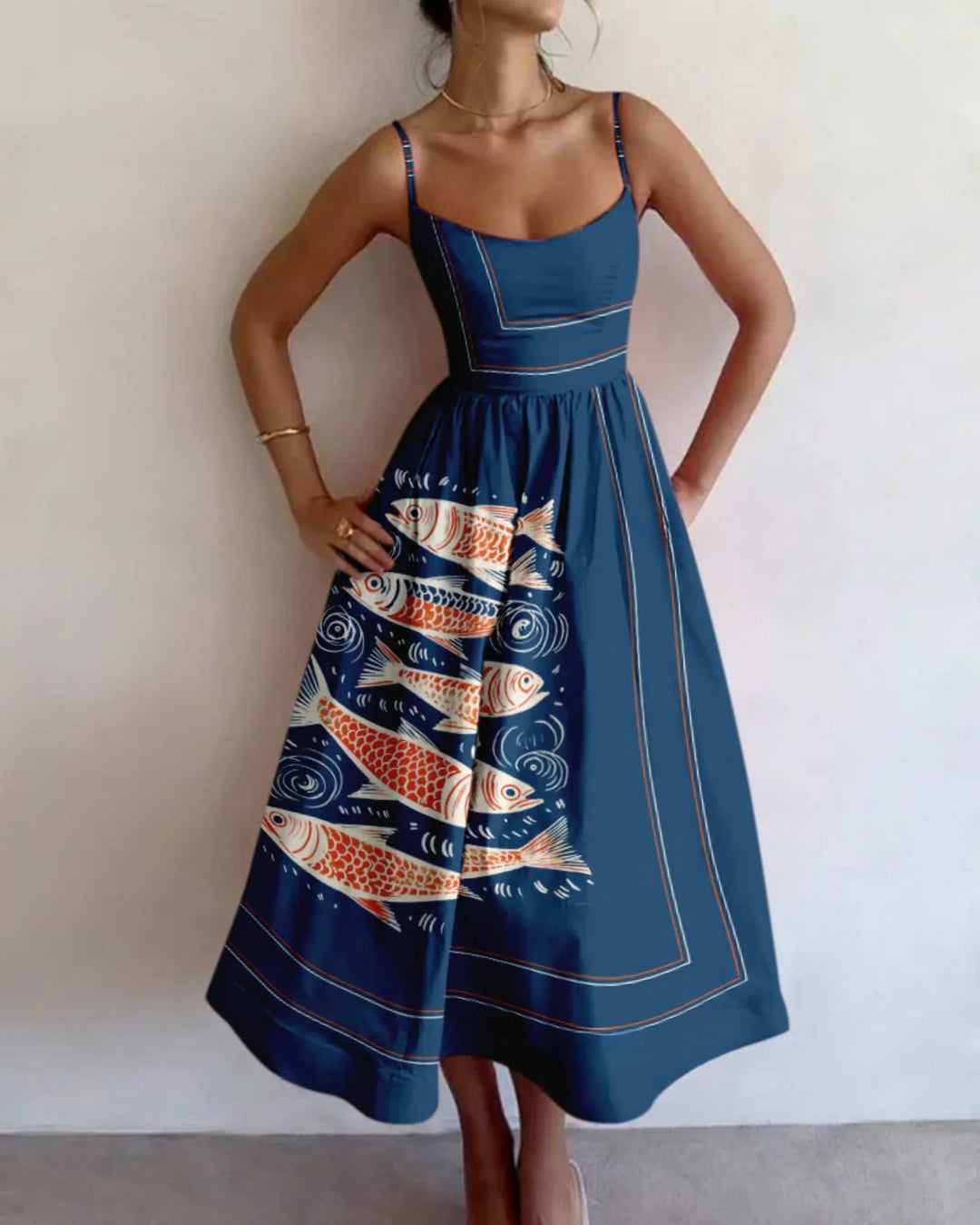 Women's Sleeveless Maxi Dress with Abstract Fish Print