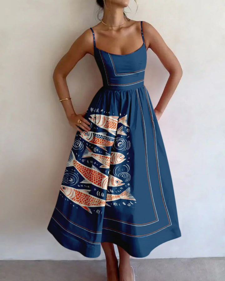 Women's Sleeveless Maxi Dress with Abstract Fish Print