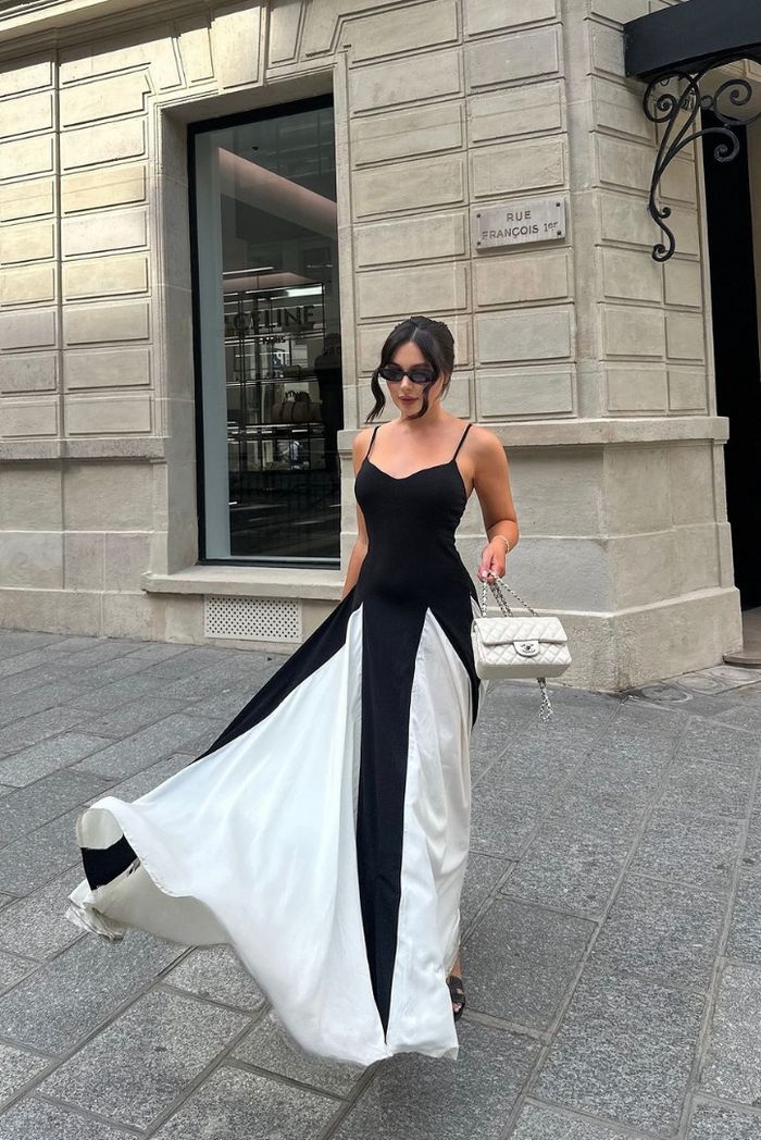 Women's Elegant Color Block Maxi Dress with Spaghetti Straps