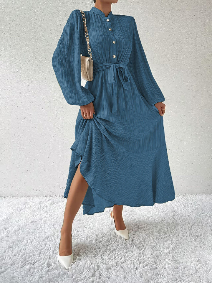 Women's Long-Sleeve Buttoned Maxi Dress with Waist Tie
