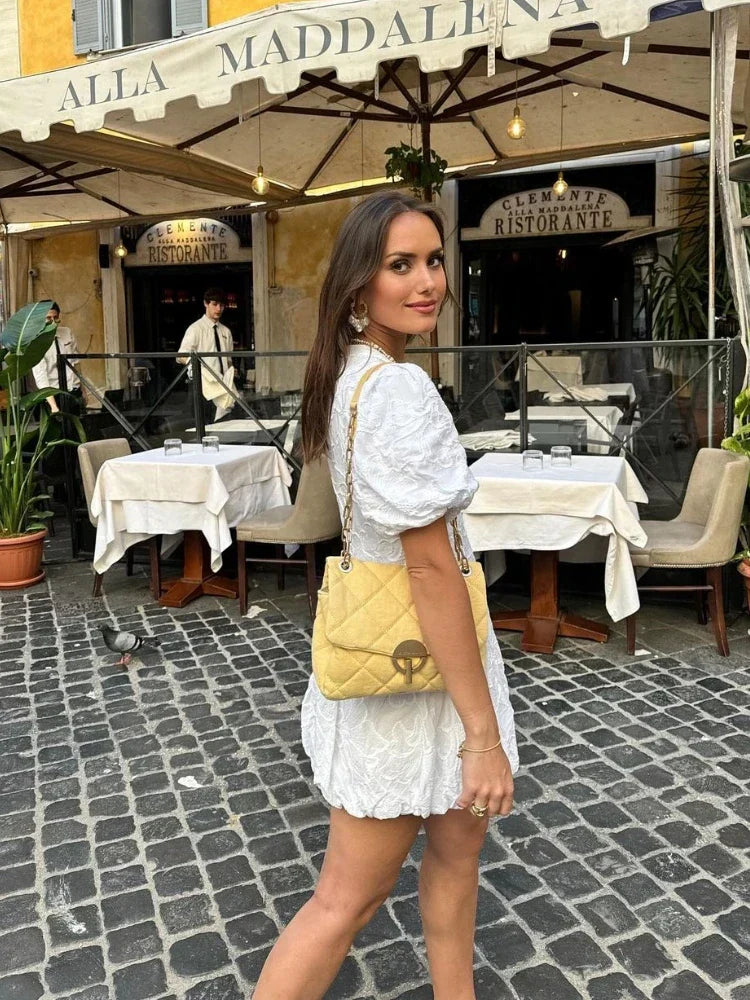 Women's Short Puff Sleeve Mini Dress with Textured Detail