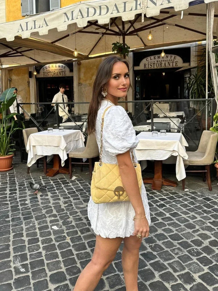 Women's Short Puff Sleeve Mini Dress with Textured Detail