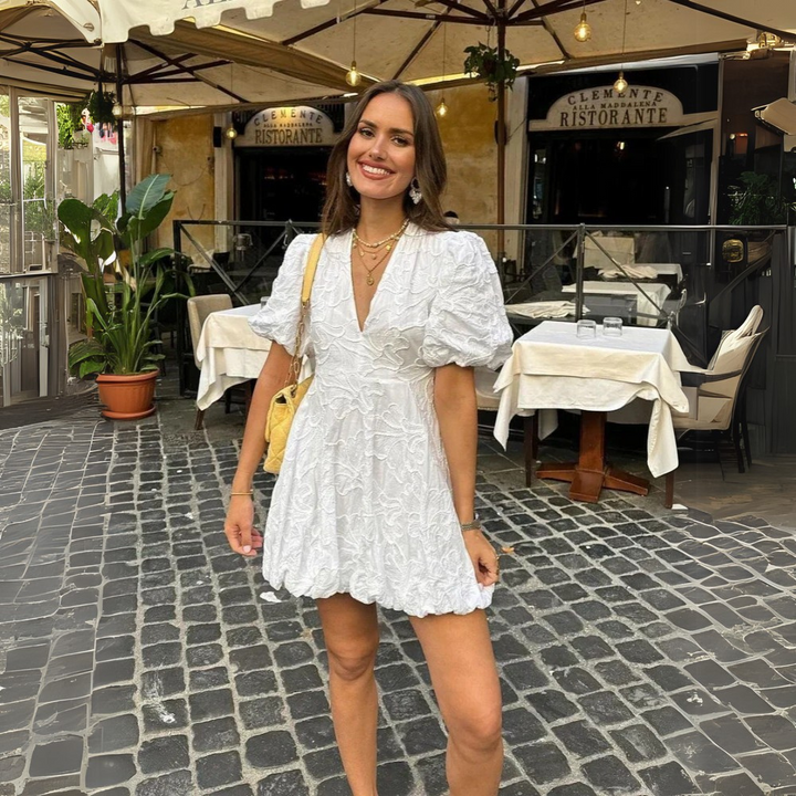 Women's Short Puff Sleeve Mini Dress with Textured Detail