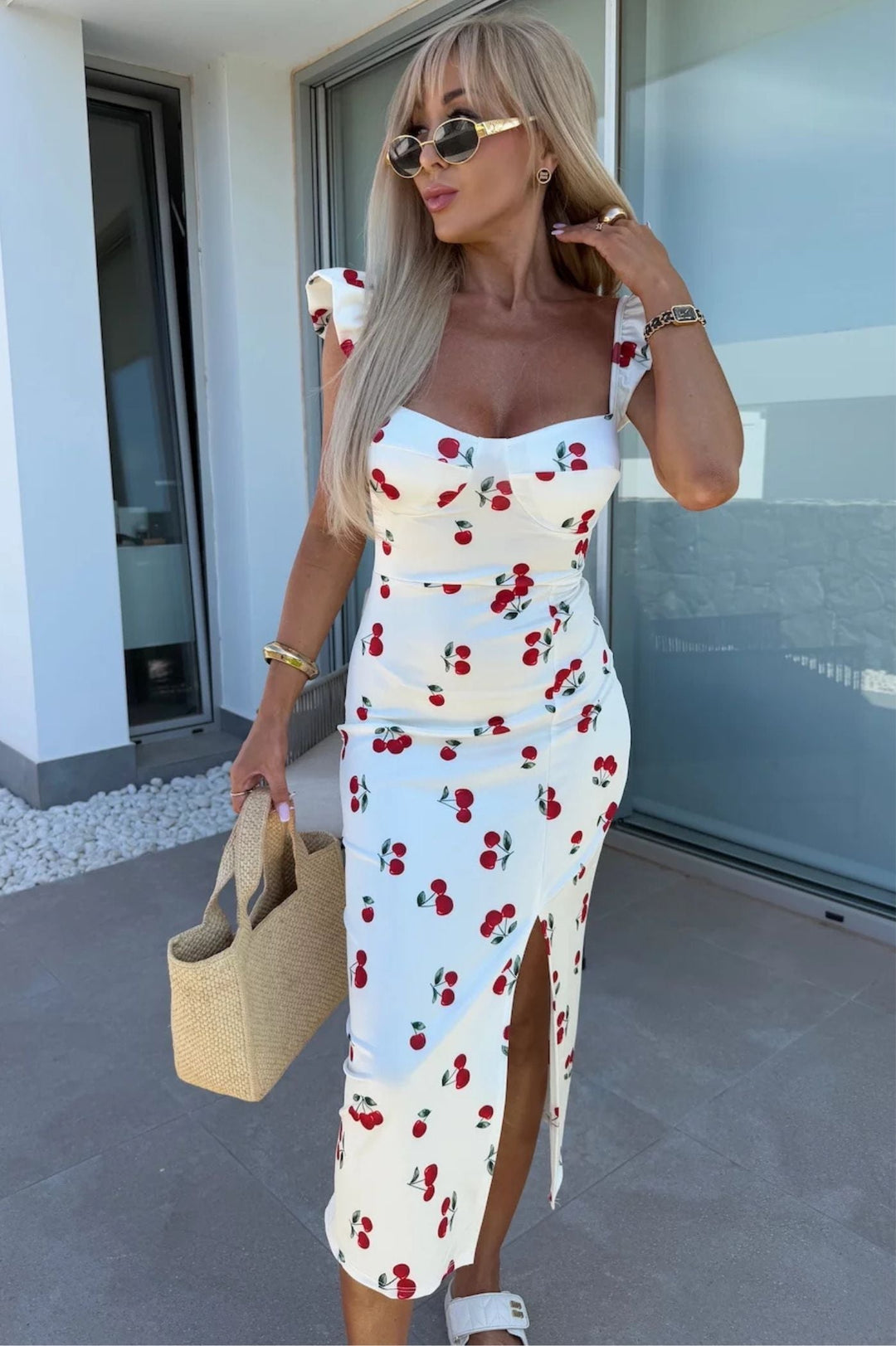 Women's Sleeveless Midi Dress with Side Slit and Ruched Waist