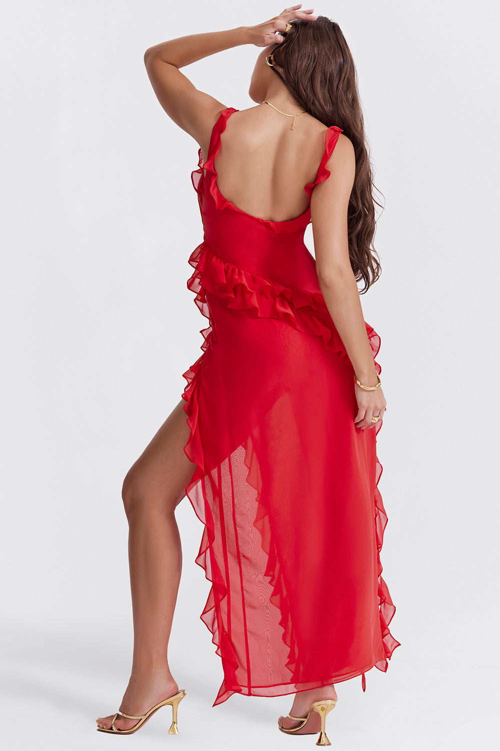 Women's Elegant Ruffle Maxi Dress with Thigh Split