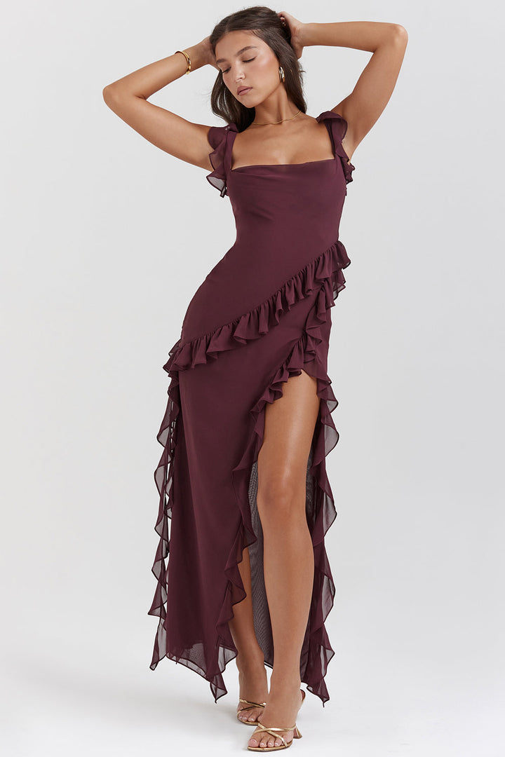 Women's Elegant Ruffle Maxi Dress with Thigh Split