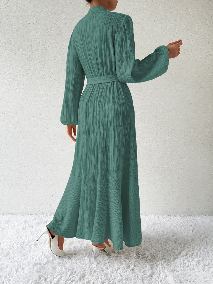 Women's Long-Sleeve Buttoned Maxi Dress with Waist Tie