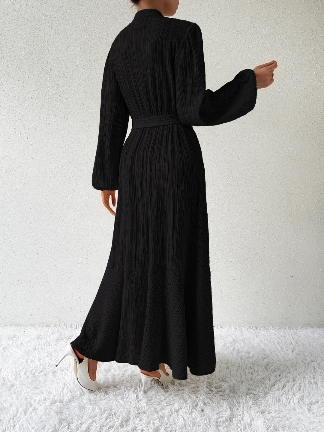 Women's Long-Sleeve Buttoned Maxi Dress with Waist Tie